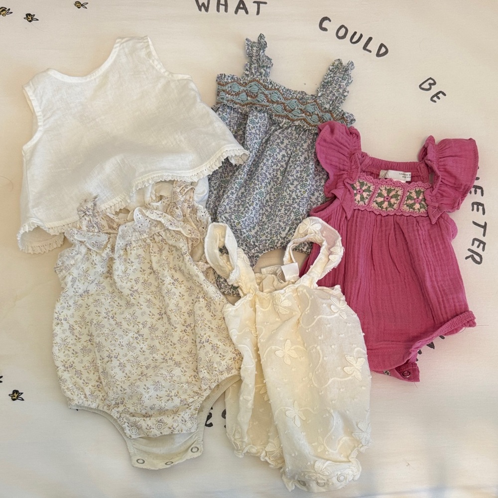 Zara Embroidered Baby Rompers Bundle, 1-3M in whites, florals, pink